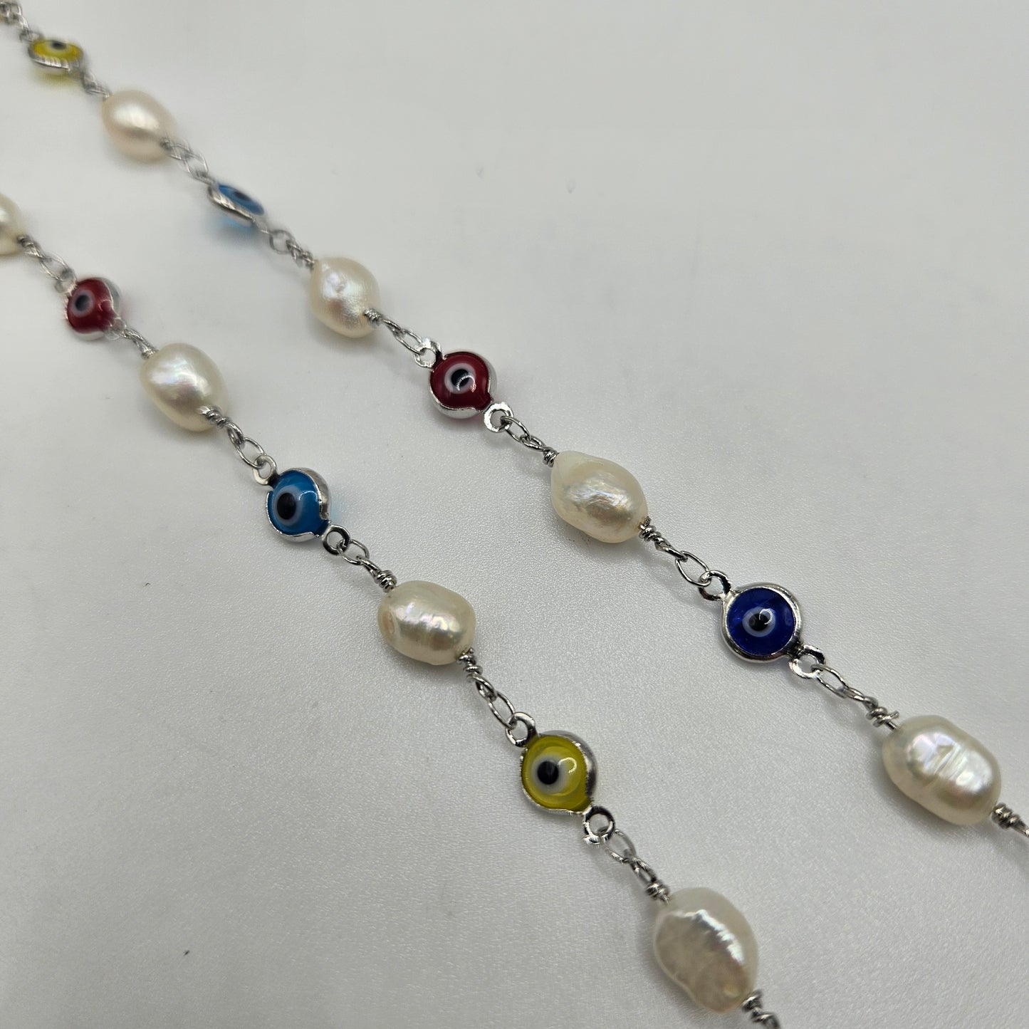 Silver Plated Evil Eye and Pearl Chain By the Foot