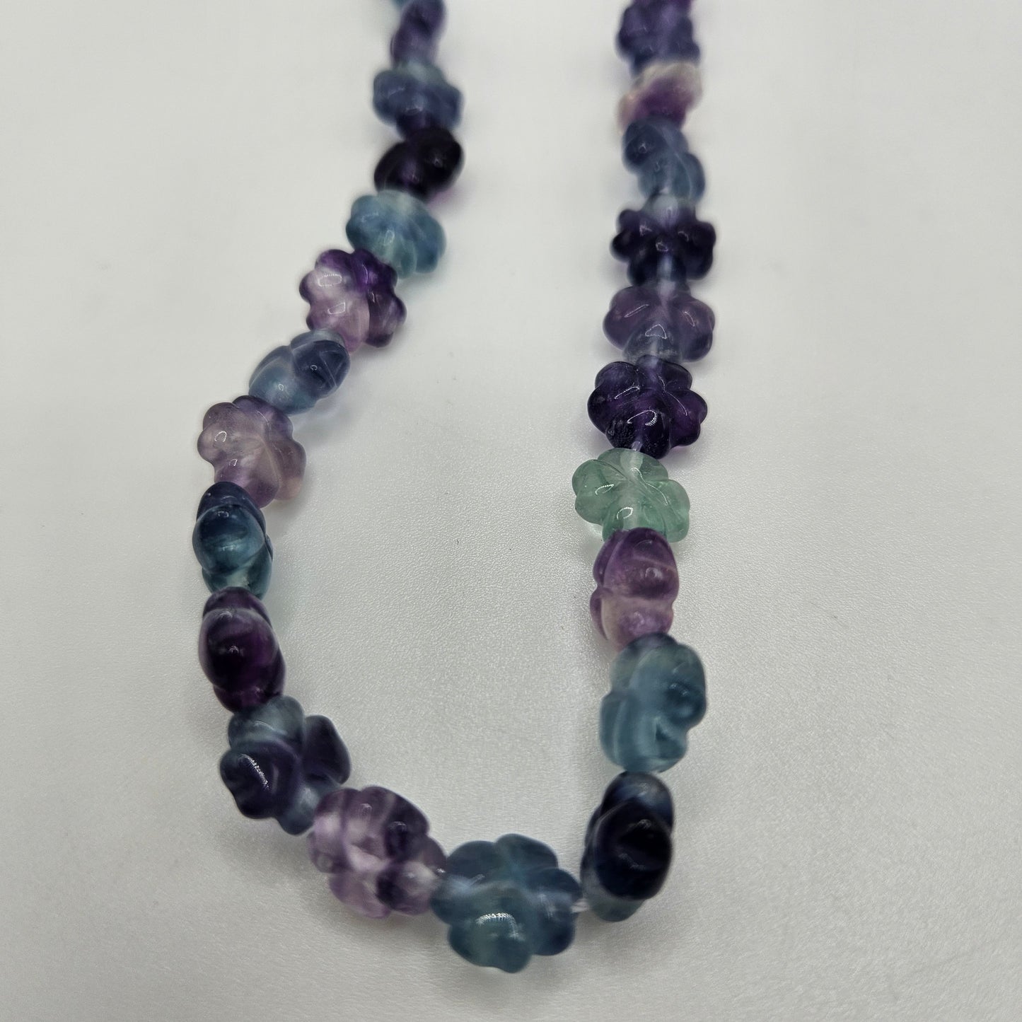 10mm Carved Flower Fluorite Round Bead Strand