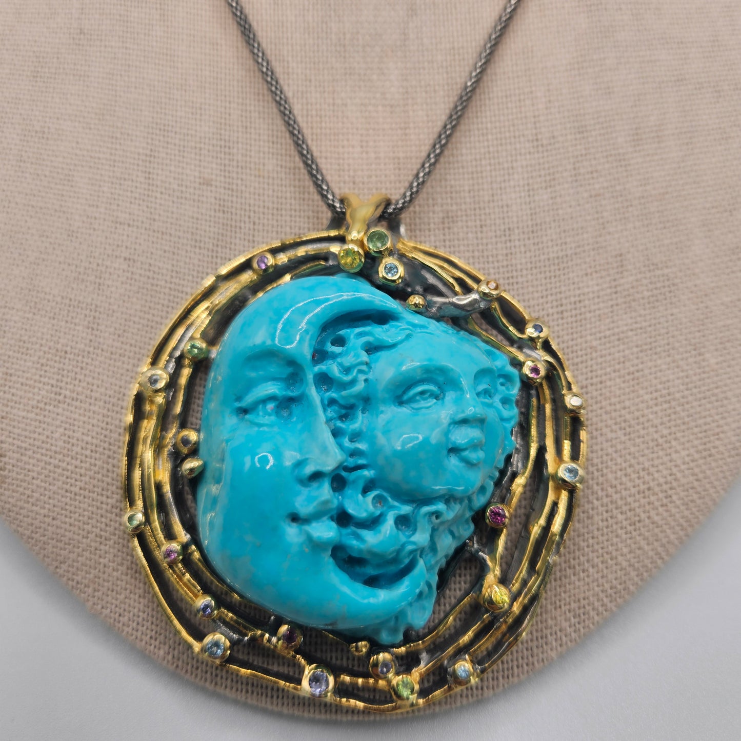 Sterling Silver Vermeil Carved Sun and Moon Turquoise and Sapphire Pendant with Chain