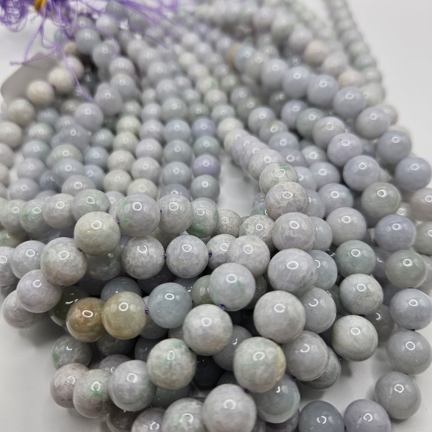 Unique 10mm Purple Burma Jade Round Bead Strand.