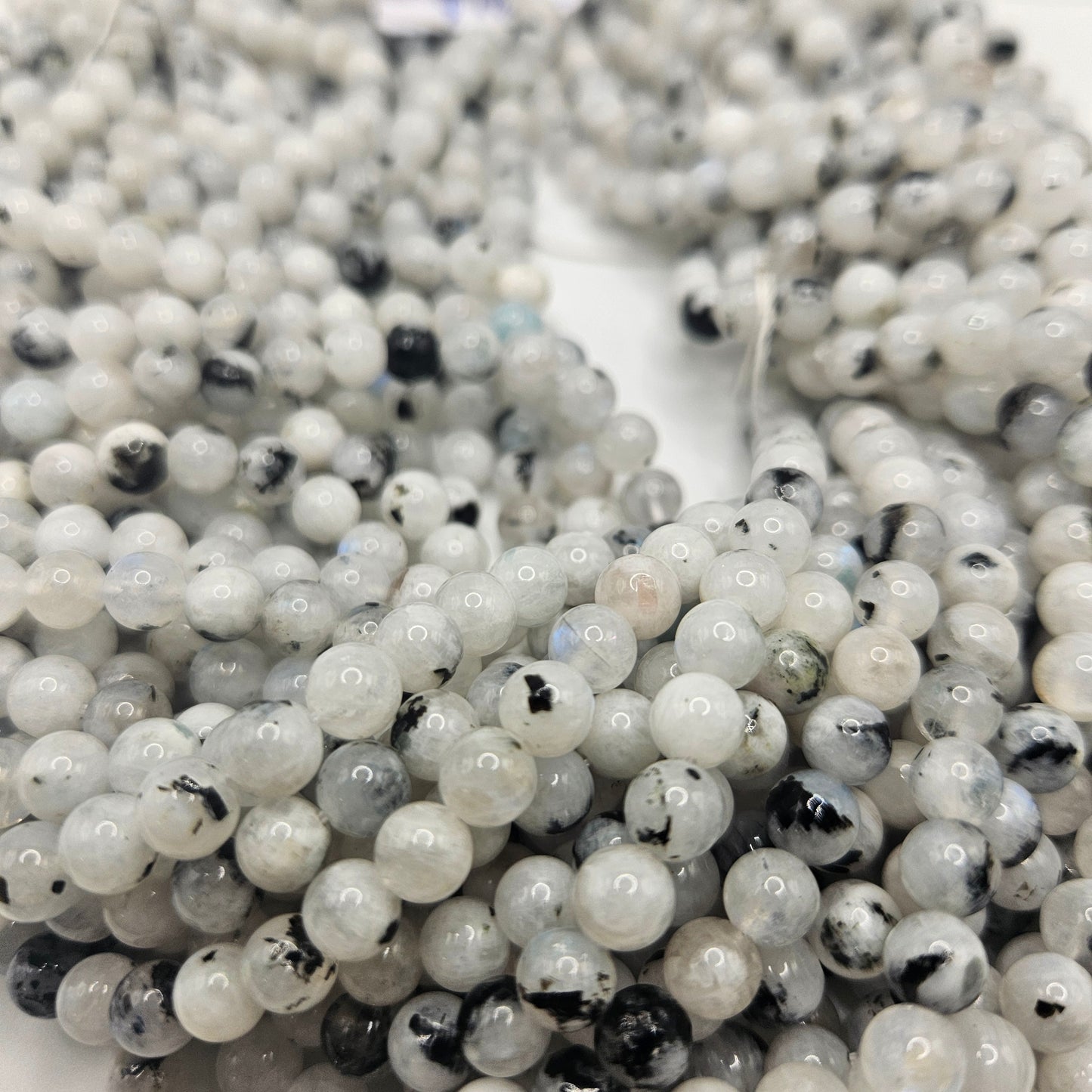 6mm Moonstone with Tourmaline Round Bead Strand.