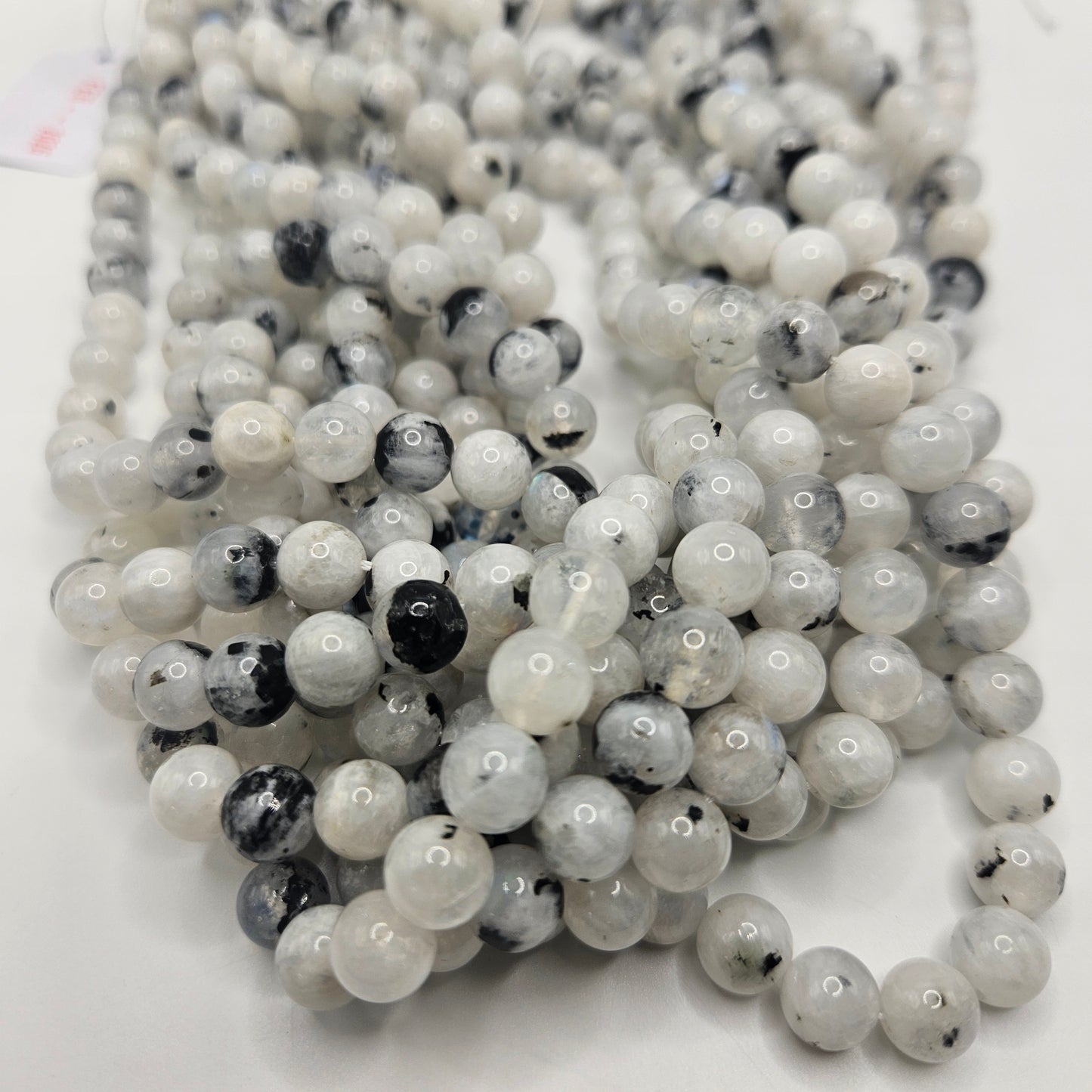8mm Moonstone with Tourmaline Round Bead Strand.