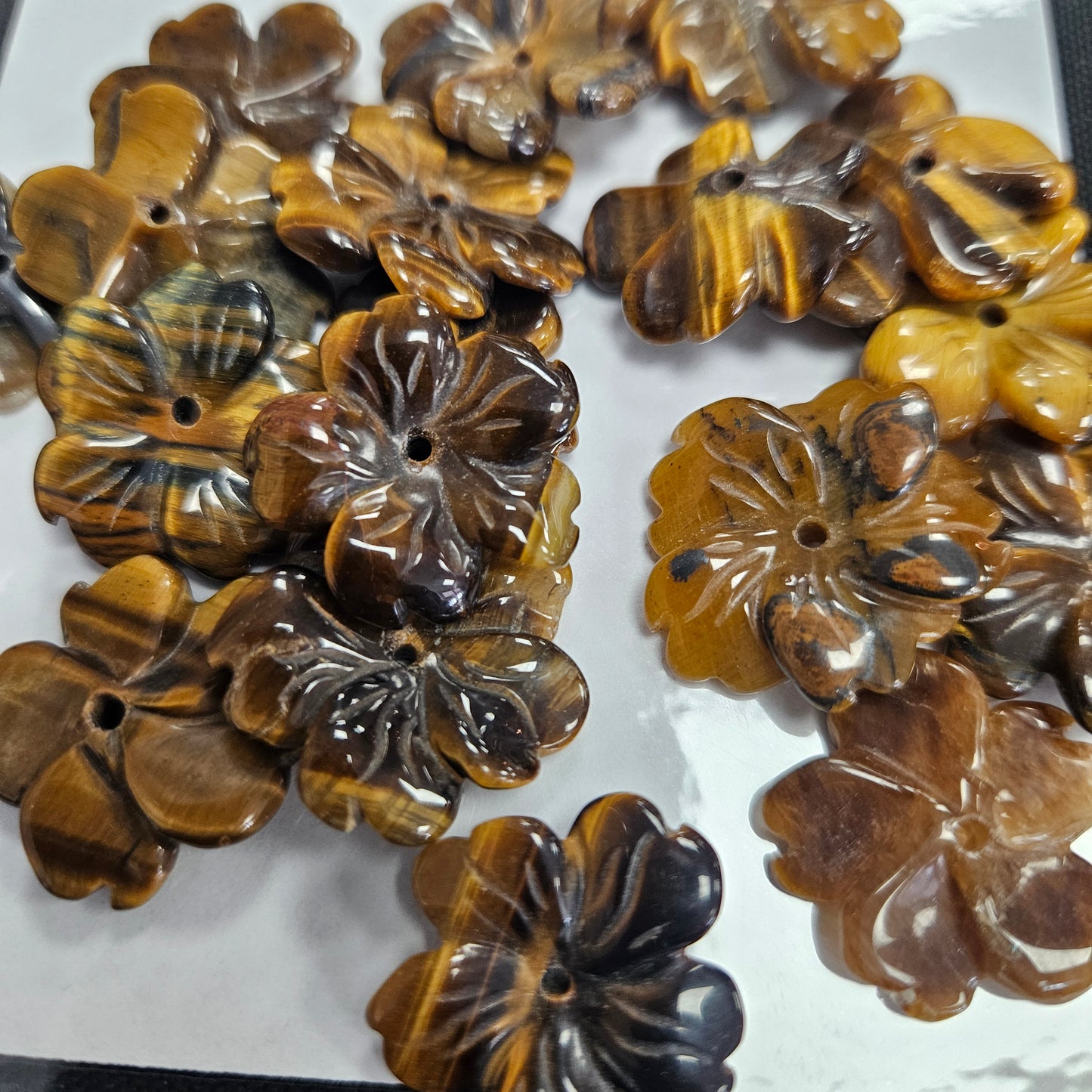 20mm Tiger Eye Carved Flower Single Bead.