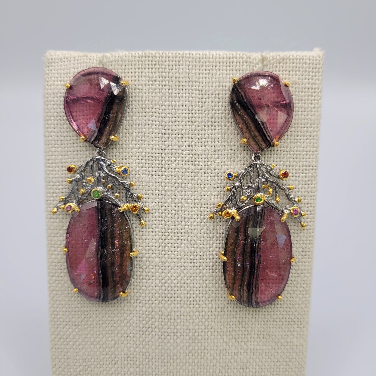 Sterling Silver Vermeil Sliced Tourmaline with Sapphire Earrings
