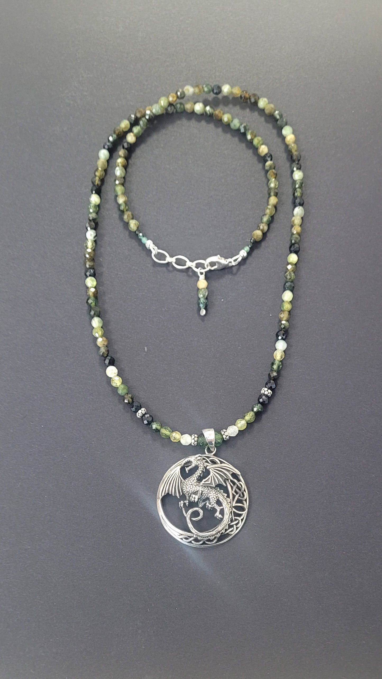 Sterling Silver Dragon With Green Tourmaline Necklace