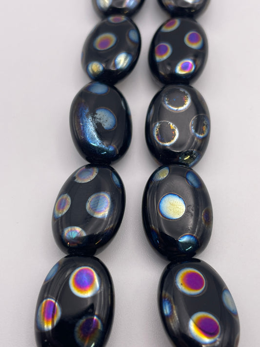 20mm Black Spotted Oval Czech Glass Bead Strand.