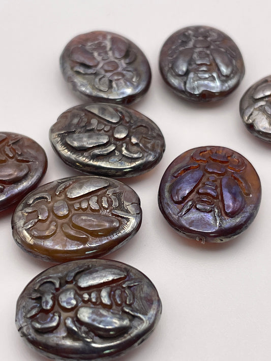 20mm Brown Bee Oval Czech Glass Bead Strand.