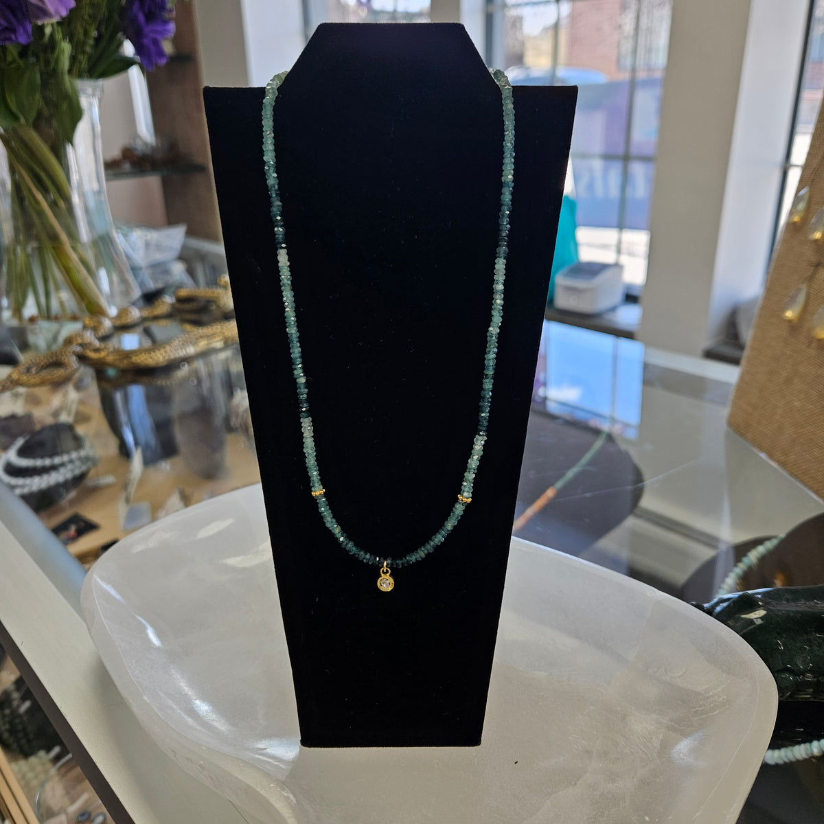 3mm Moss Aquamarine Ombre Necklace with Diamond Charm.