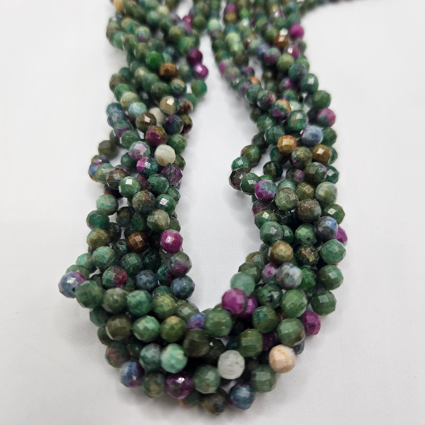 5mm Ruby Fuchsite Faceted Round Bead Strand.