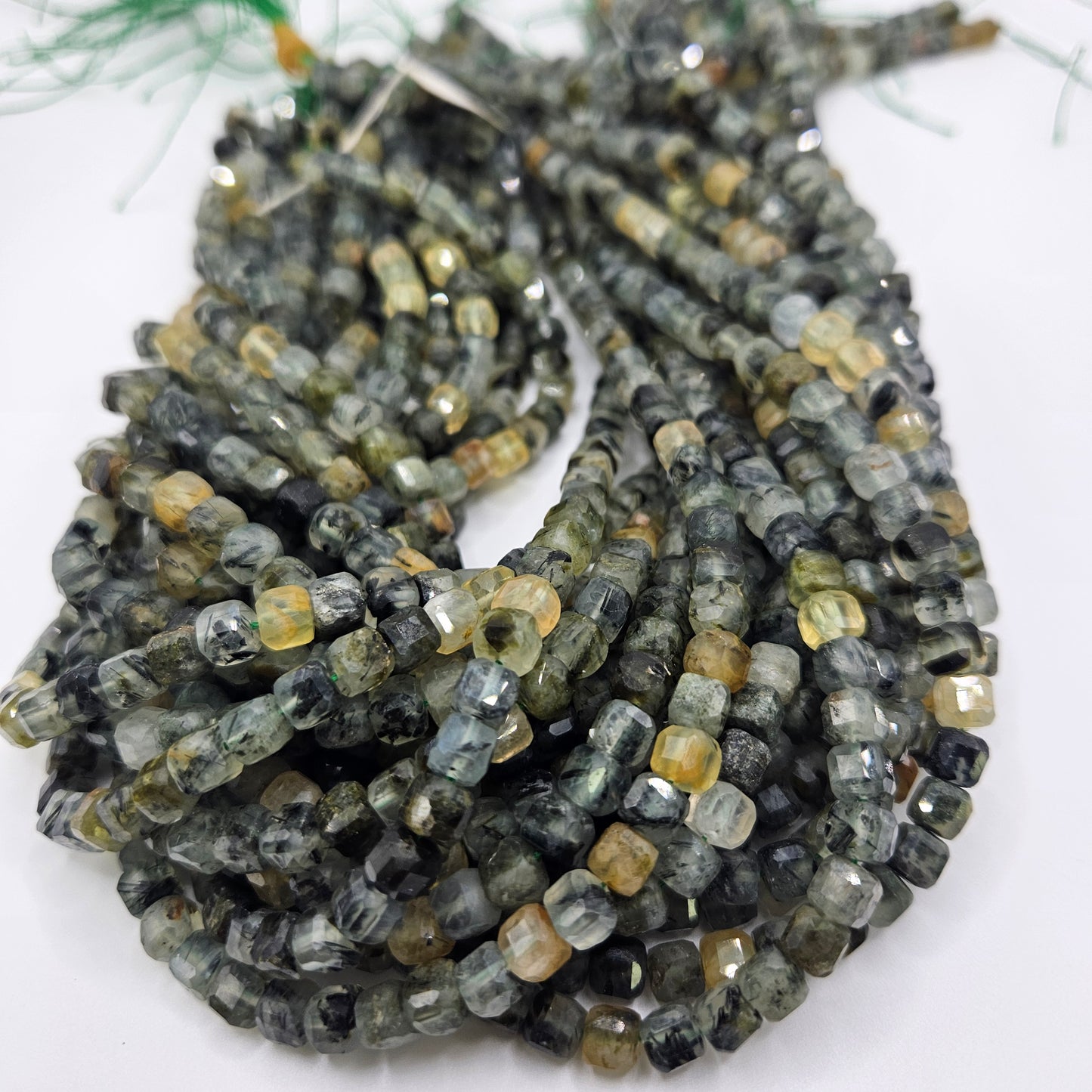 6mm Prehnite Cube Bead Strand.