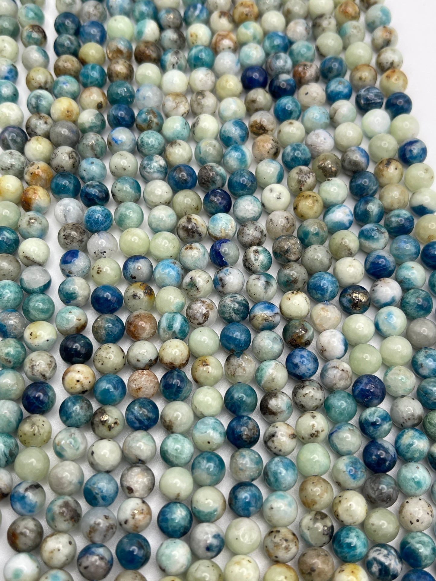 6mm Pyrite in Dioptase Round Bead Strand.