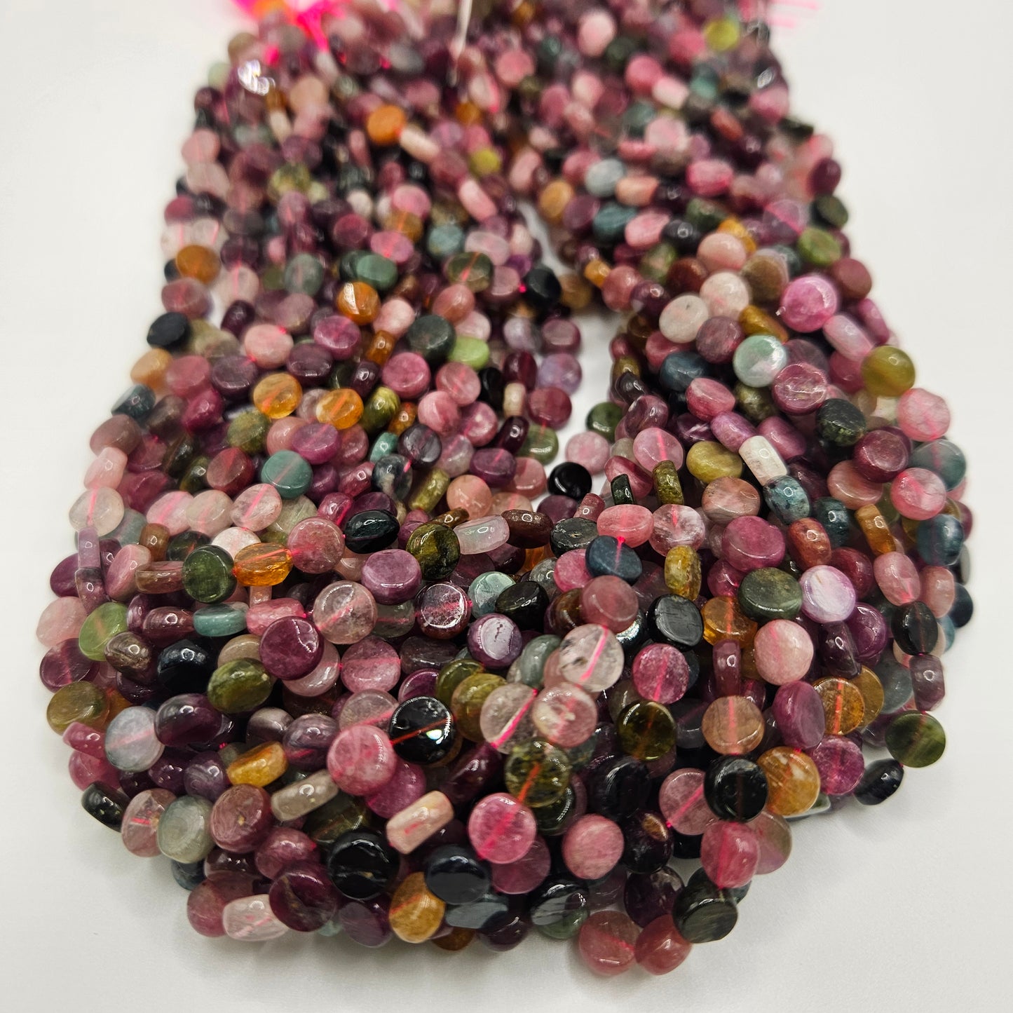 6mm Watermelon Tourmaline Coin Bead Strand.