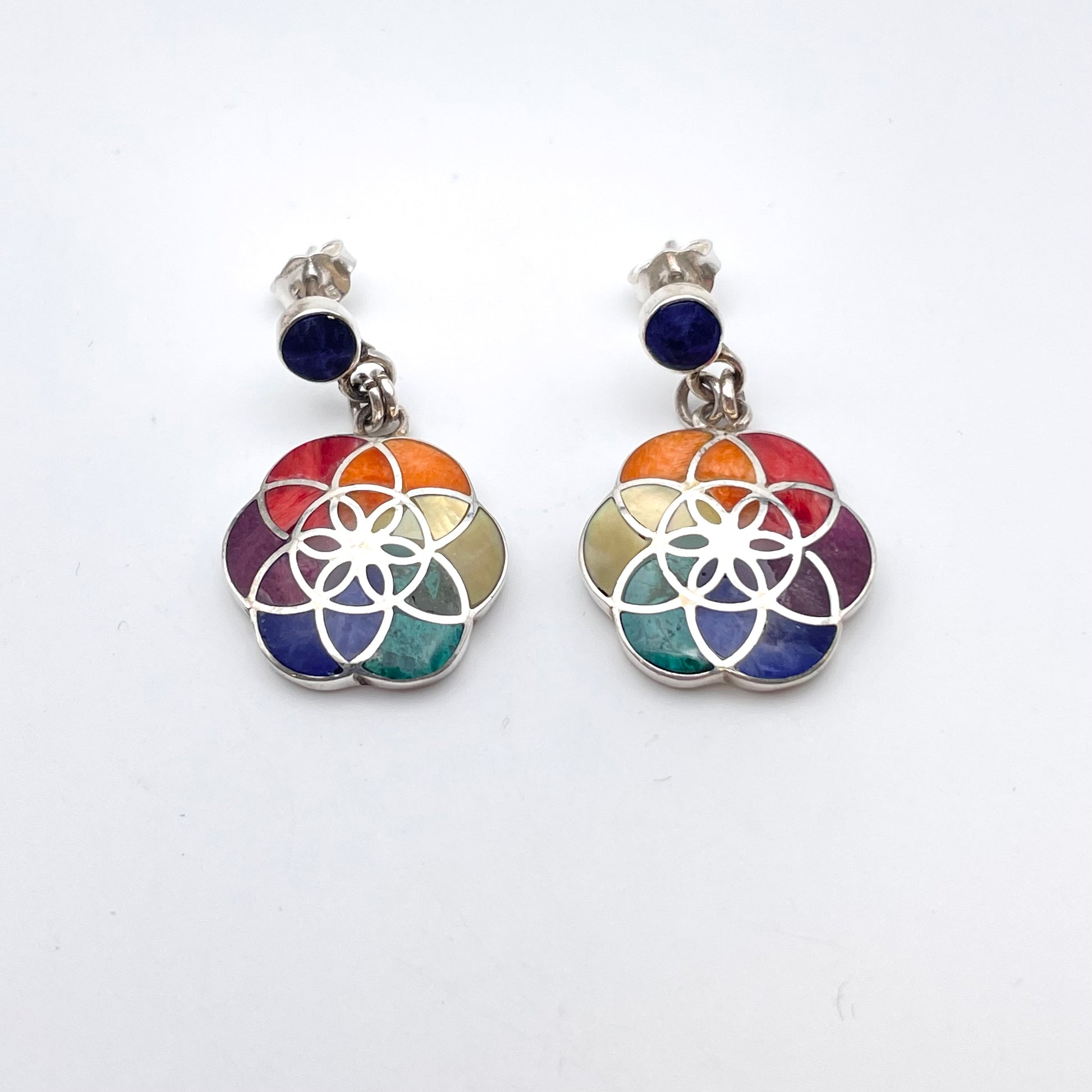 Peruvian Inlay Mandala Earrings Sterling Silver