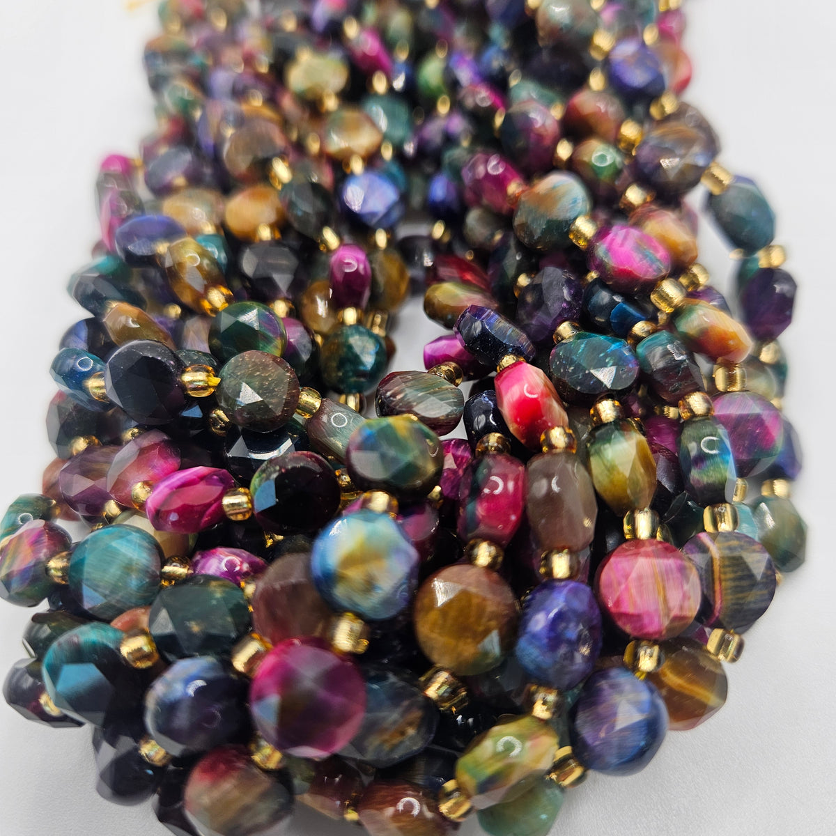 8mm Faceted Rainbow Tiger Eye Coin Bead Strand.