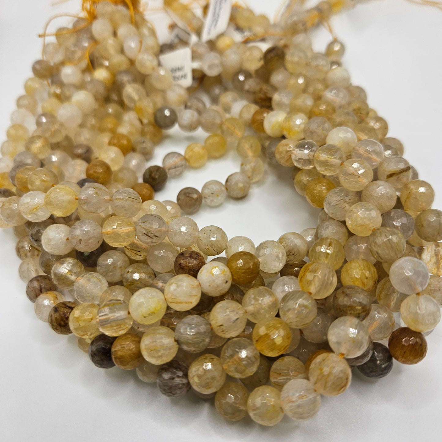 8mm Gold Rutilated Quartz Faceted Round Beads.