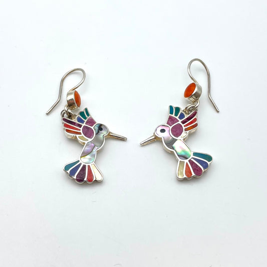 Peruvian Inlay Humming Bird Earrings Sterling Silver