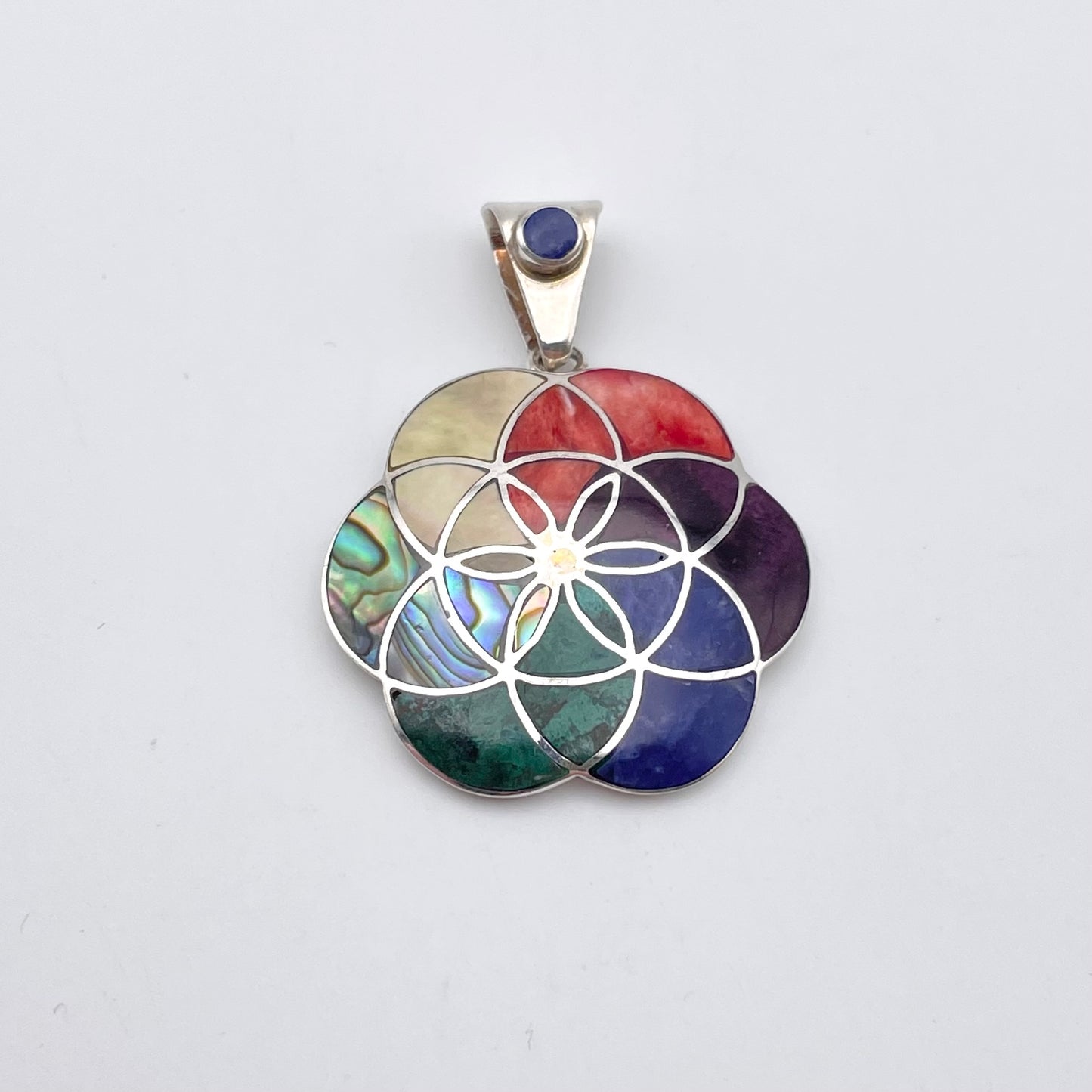 Peruvian Inlay Mandala Pendant Sterling Silver