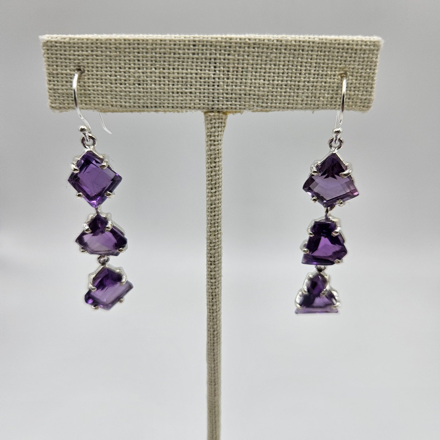 Amethyst Triple Stone Sterling Silver Faceted Dangle Earrings.
