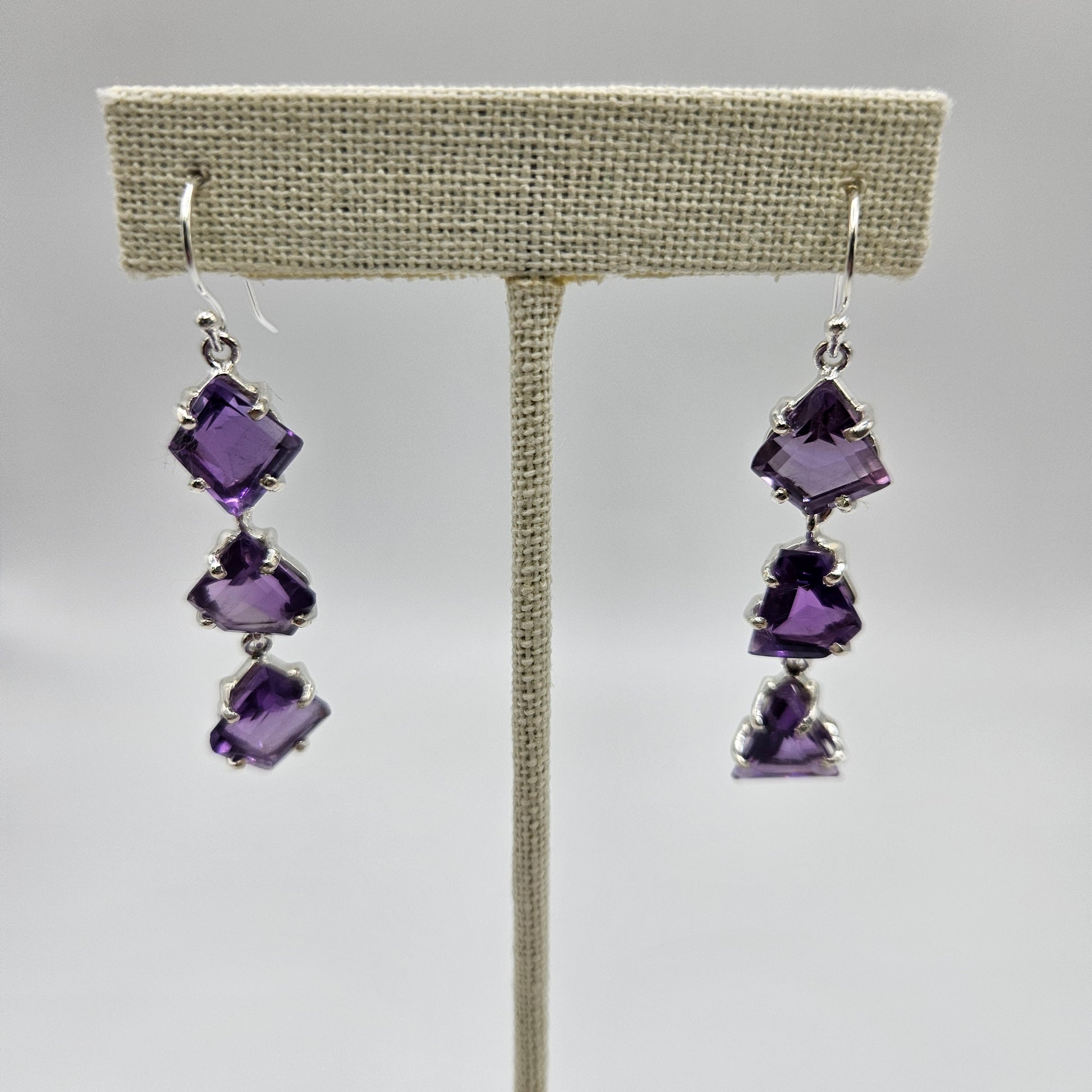 Amethyst Triple Stone Sterling Silver Faceted Dangle Earrings.