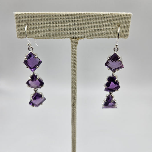 Amethyst Triple Stone Sterling Silver Faceted Dangle Earrings.