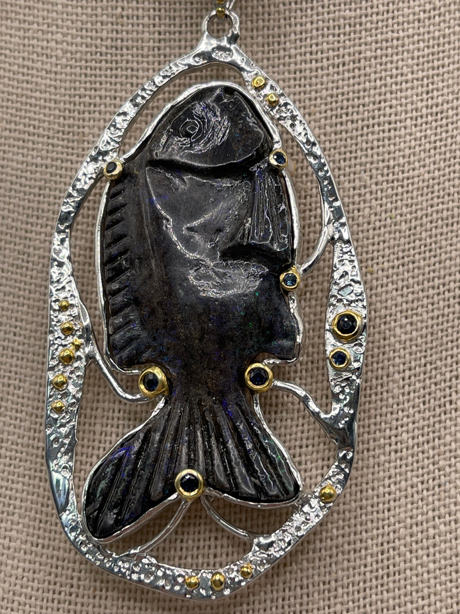 Andamooka Matrix Opal Fish with Blue Sapphire Sterling Silver Necklace