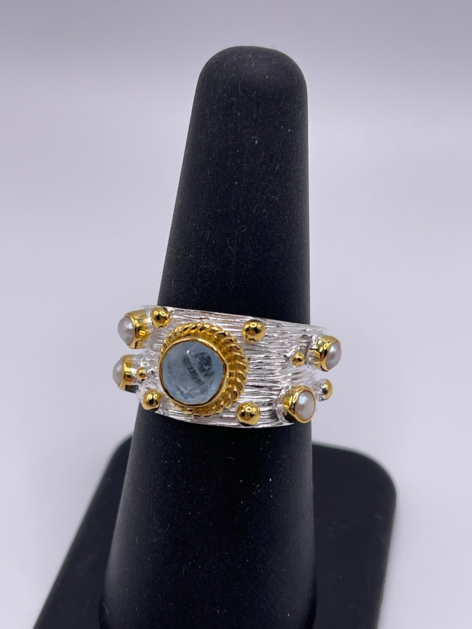 Aquamarine with Pearls Sterling Silver Band Ring Size 7