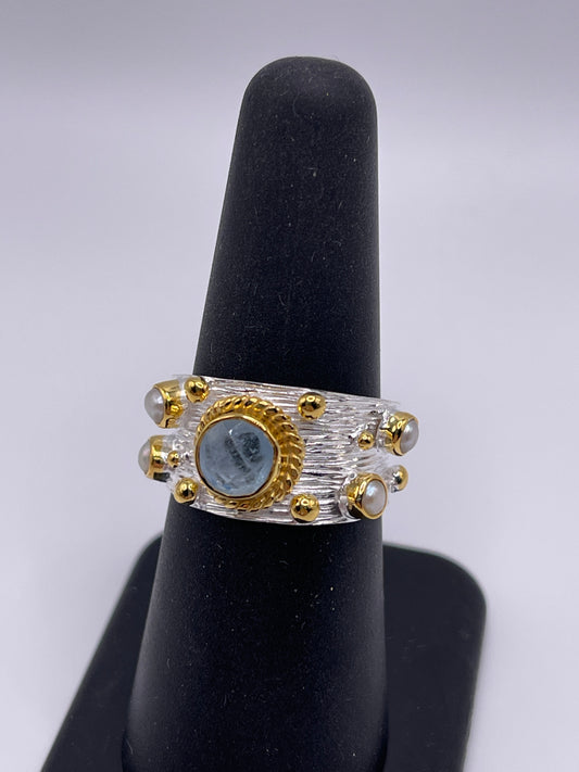 Aquamarine with Pearls Sterling Silver Band Ring Size 7