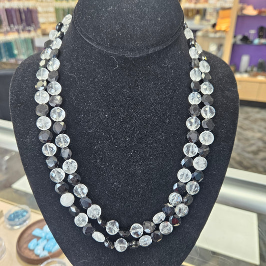 Black Tourmaline and Clear Quartz Multi-Strand Coin Necklace.