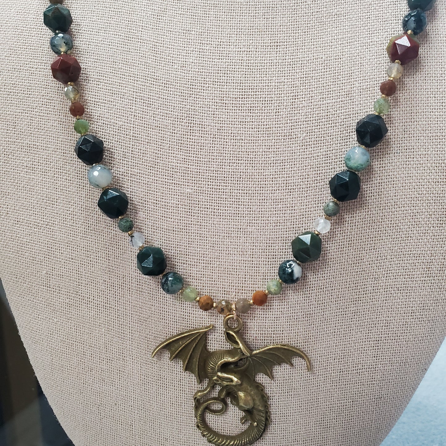 Bloodstone and Agate Beaded Dragon Necklace.