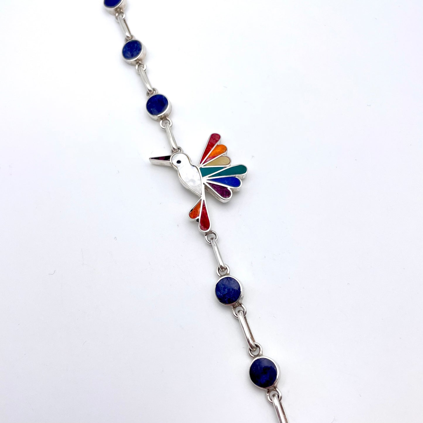 Colorful Stone Inlay Hummingbird Bracelet Peruvian Silver.