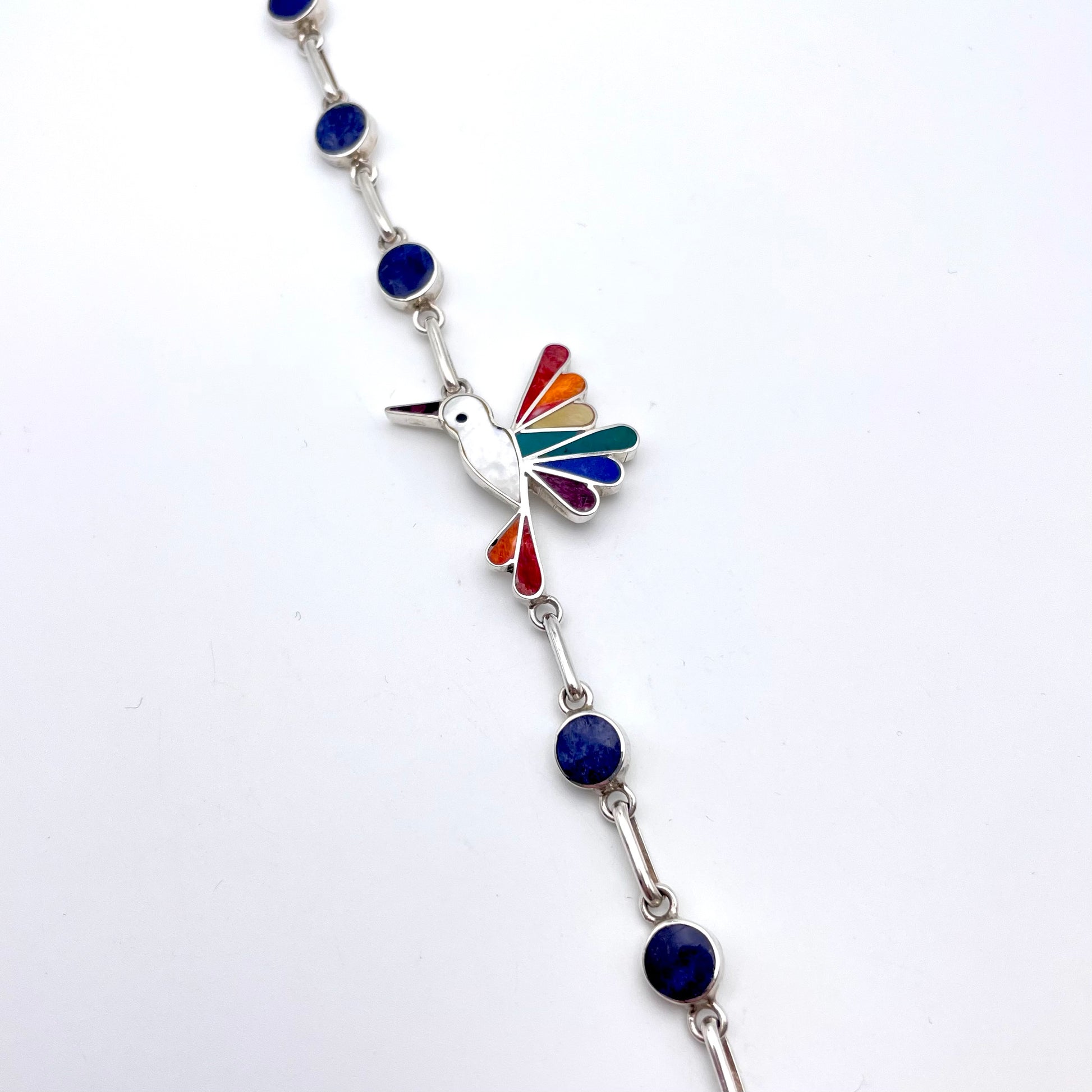 Colorful Stone Inlay Hummingbird Bracelet Peruvian Silver.