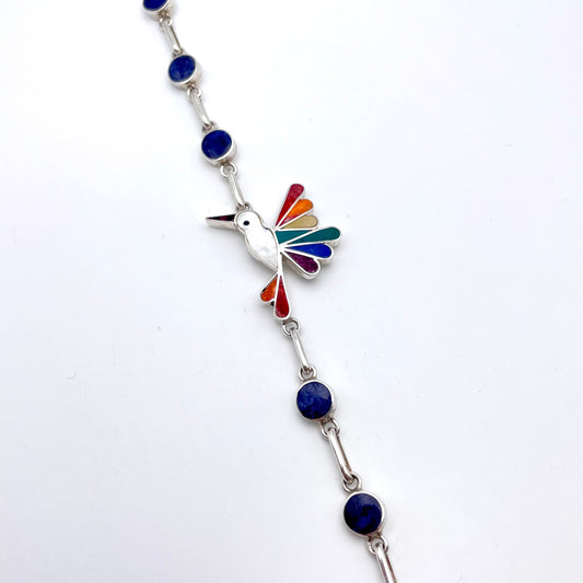 Colorful Stone Inlay Hummingbird Bracelet Peruvian Silver.