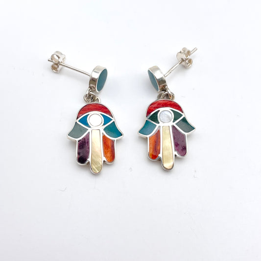 Peruvian Inlay Hamsa Hand Pendant Sterling Silver