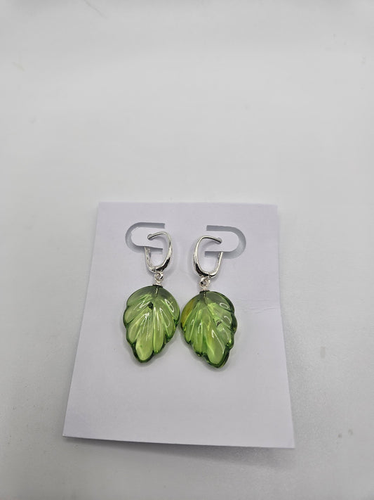 Green Amber Leaf Earrings.