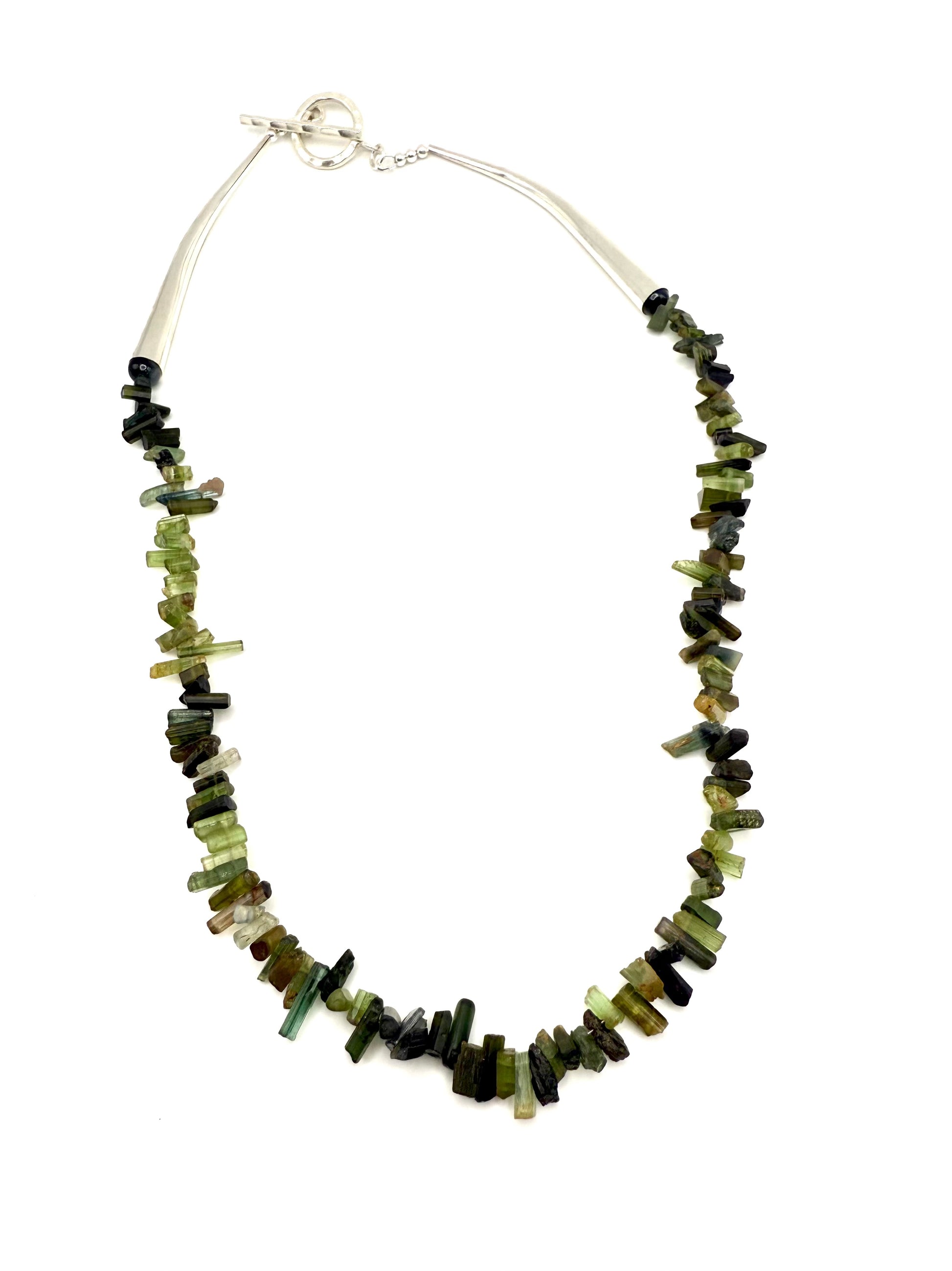 Green Tourmaline Sticks Necklace with sterling silver cones and toggle closure. Statement necklace.