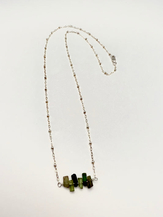 Green Tourmaline Sticks on Sterling Silver chain with lobster clasp. Dainty Necklace.