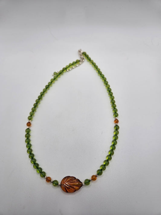 Green and Orange Amber Leaf Necklace.