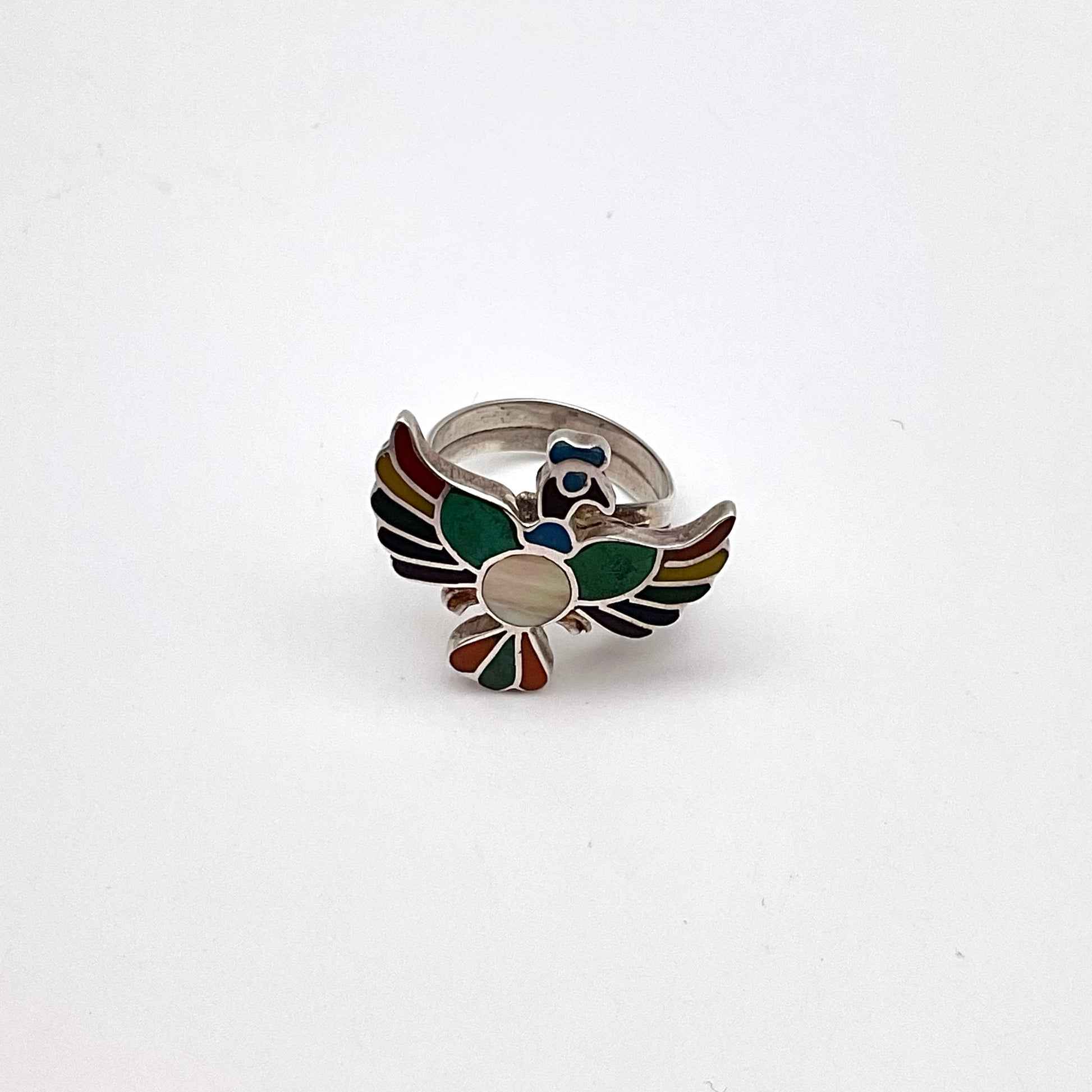 Peruvian Stone Inlay Bird Ring Sterling Silver