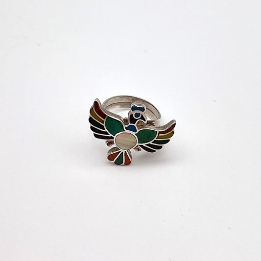 Peruvian Stone Inlay Bird Ring Sterling Silver