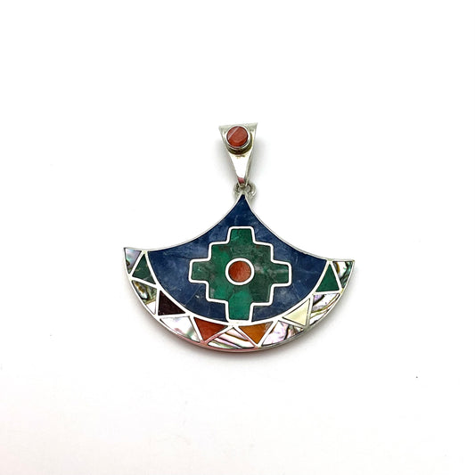 Peruvian Stone Inlay Pendant Crescent Sterling Silver