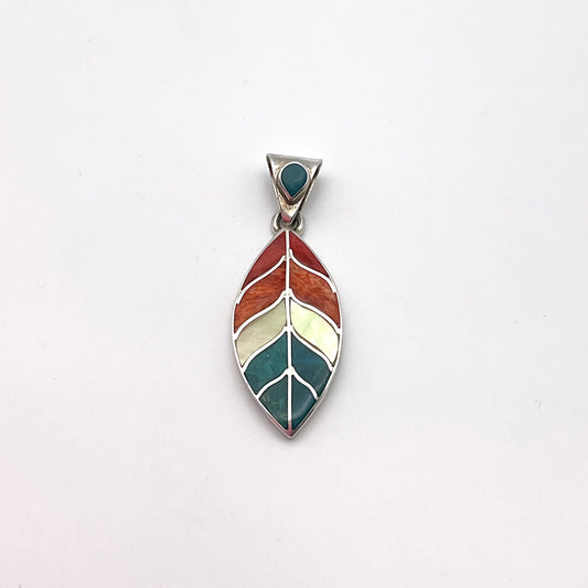 Peruvian Inlay Leaf Pendant Sterling Silver