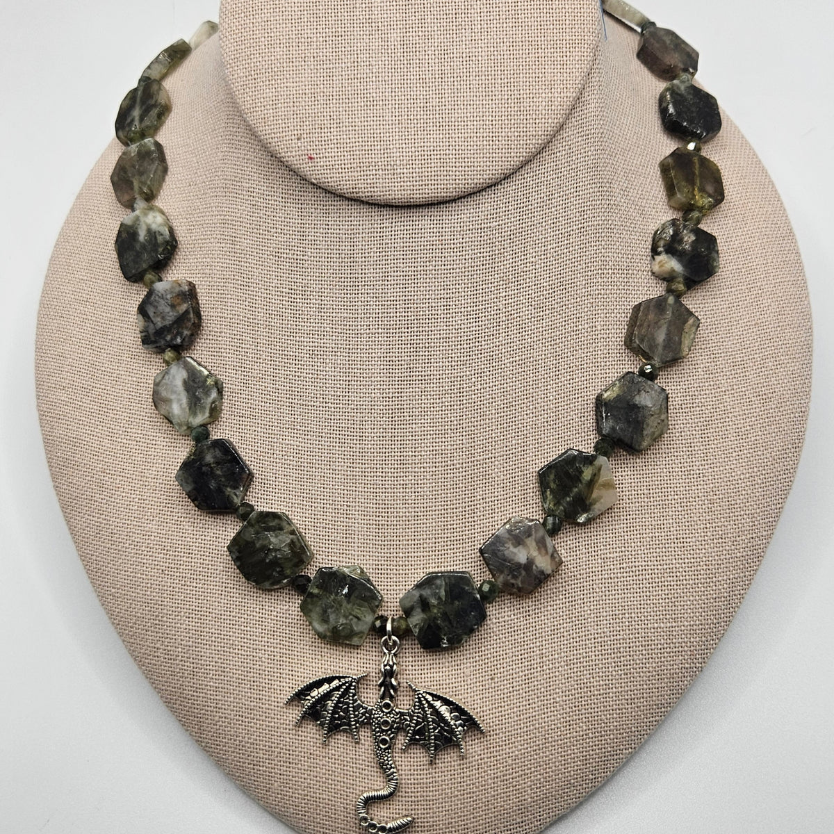 Mica and Green Tourmaline Dragon Necklace 21 inch.
