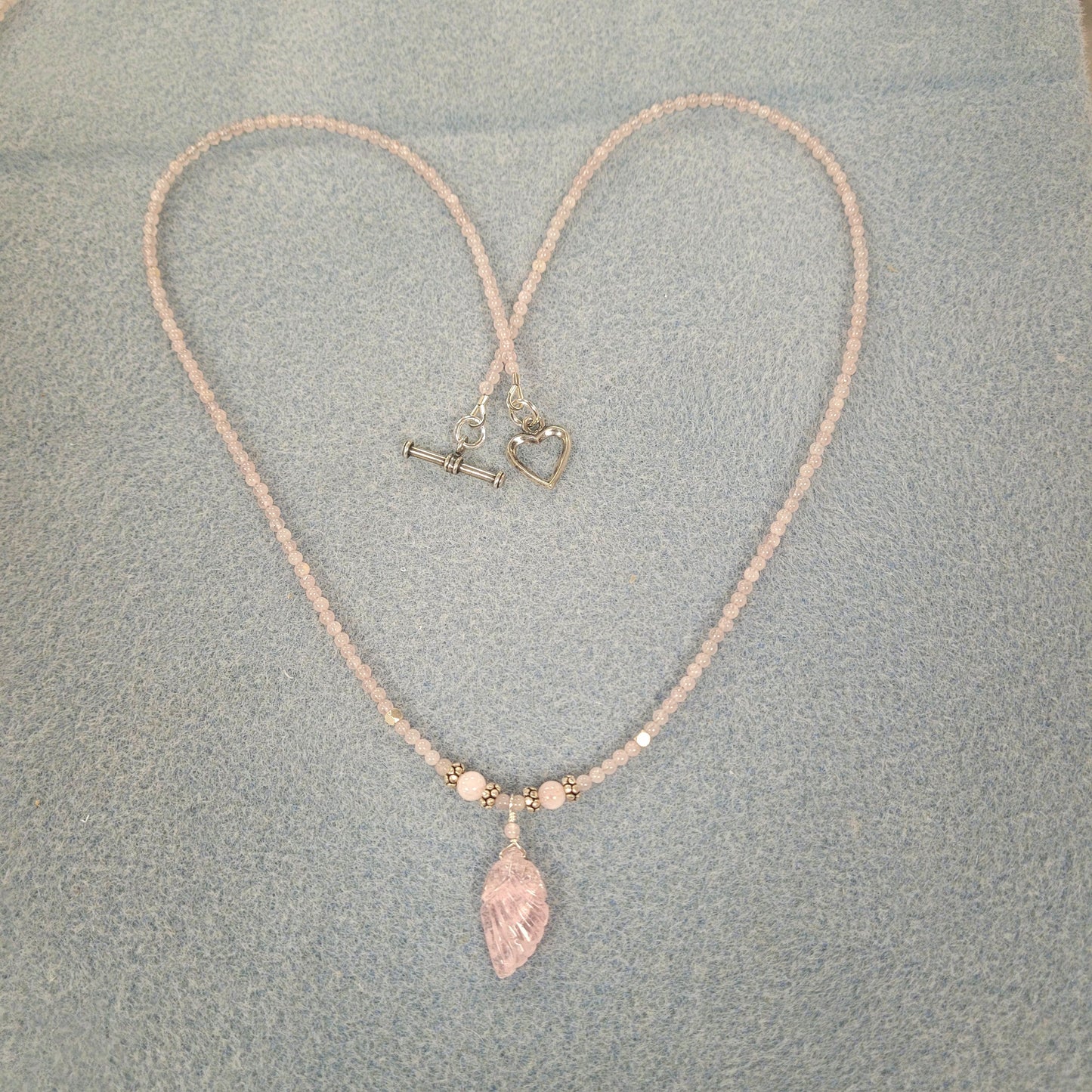 Morganite Carved Wing & Rose Quartz With Sterling Silver Necklace.