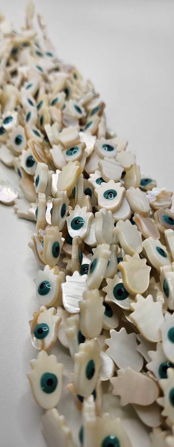 Mother of Pearl Hamsa Evil Eye Glass Bead Strand.