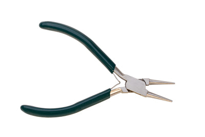 A MINI ROUND NOSE PLIER 4 1/2" with green plastic-coated handles, designed for gripping and manipulating small objects. It features long, narrow jaws and is isolated on a white background.