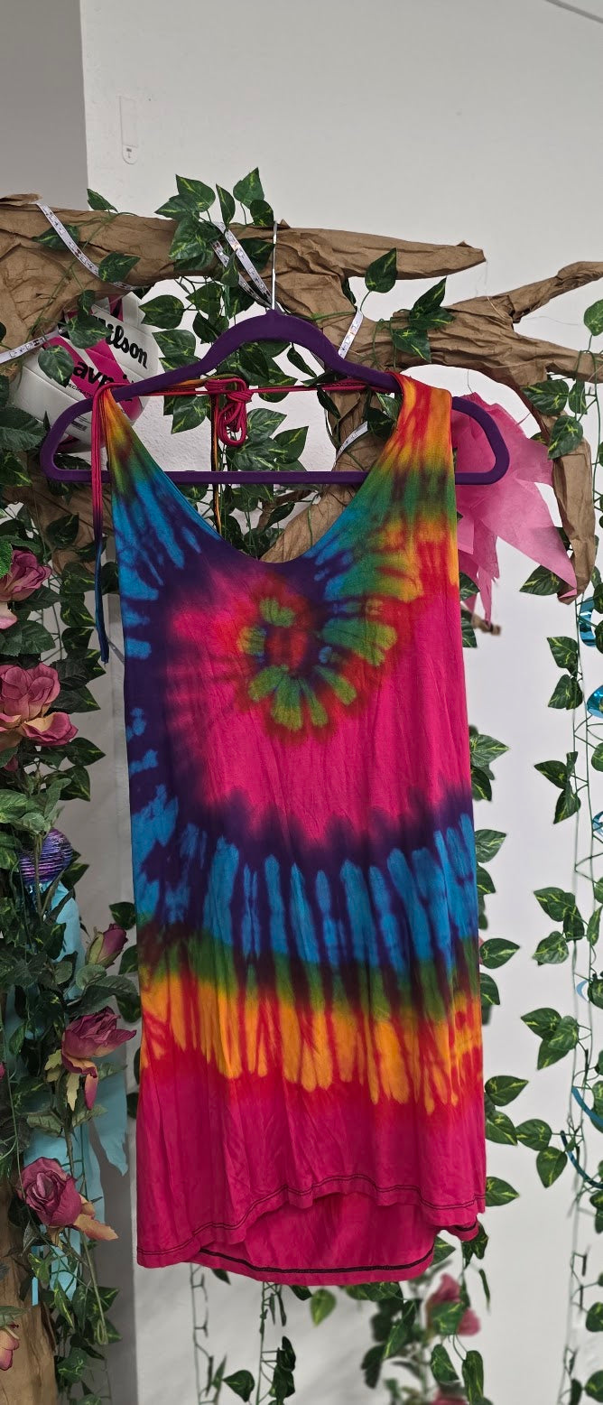 Pink Tie-Dye Halter Dress.