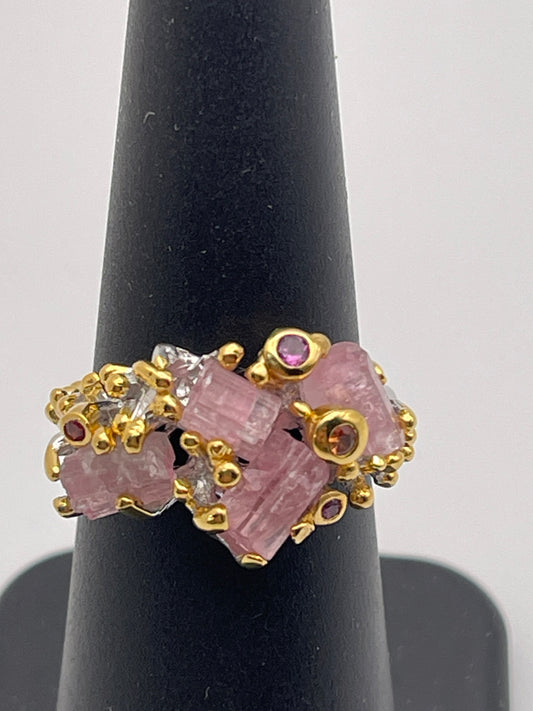 Pink Tourmaline Rough, Rhodolite and Sapphire Four Sterling Silver Vermeil Ring.