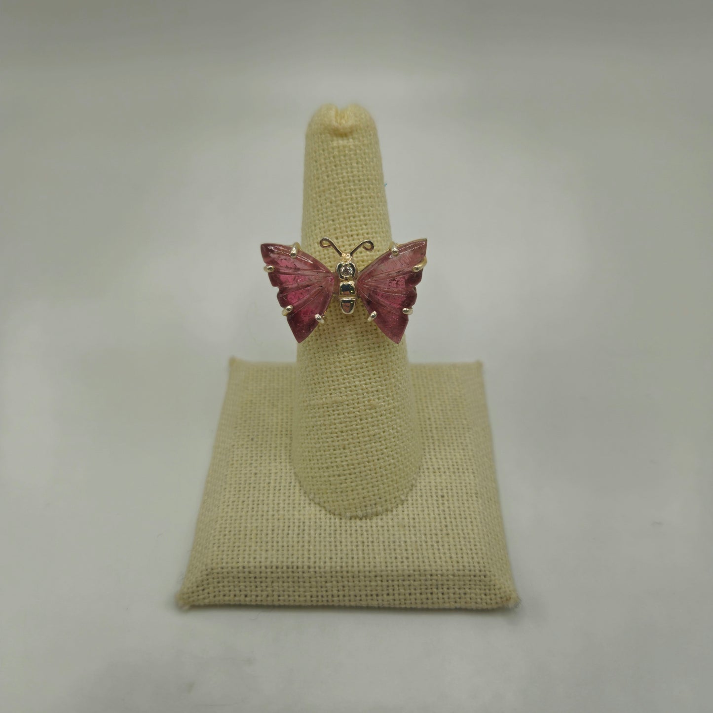 Pink Tourmaline Sterling Silver Carved Butterfly Ring.