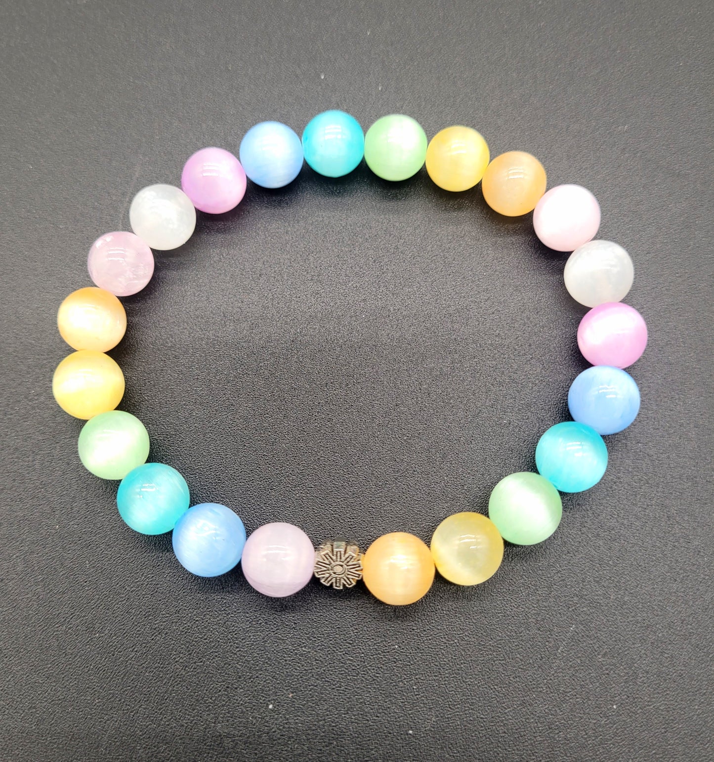 Rainbow Selenite Stretch Bracelet With Pewter Flower.