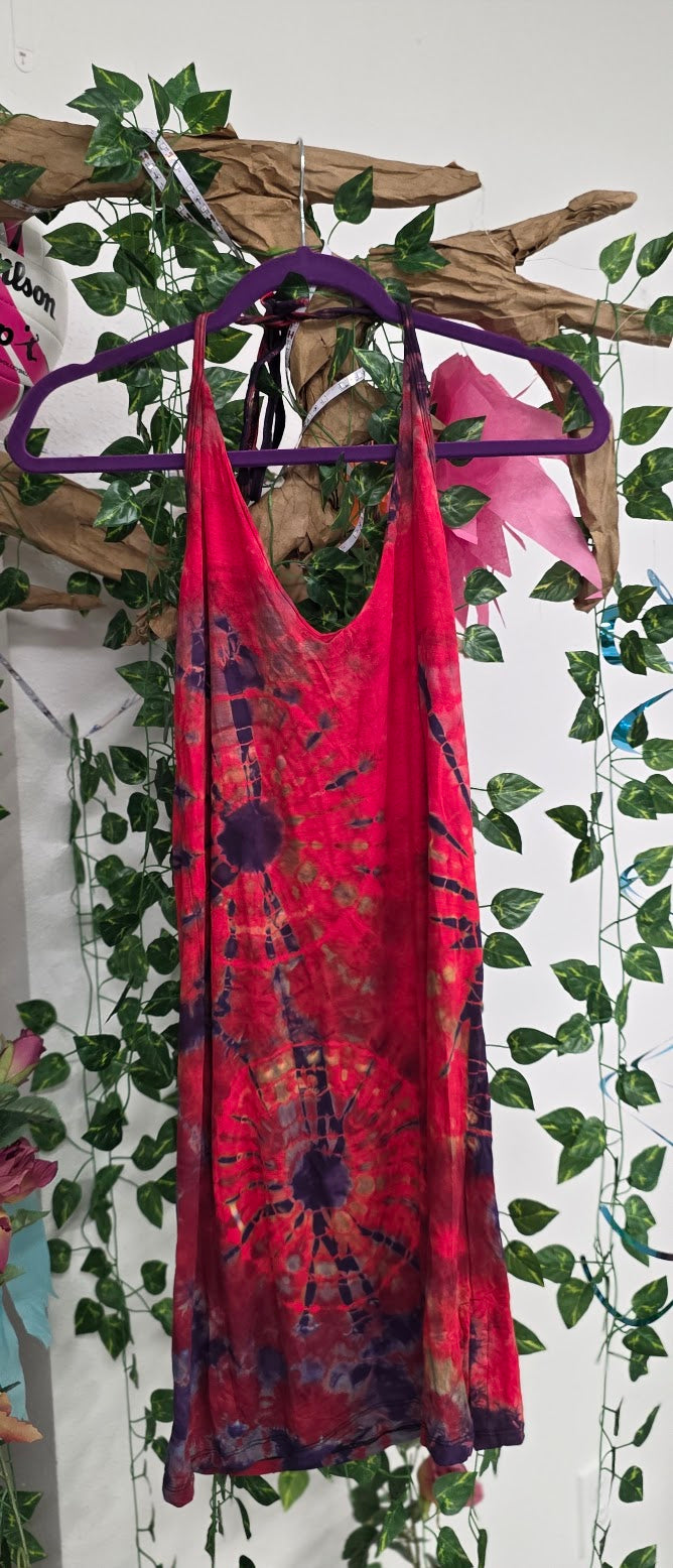 Red Tie-Dye Halter Dress.